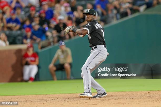 Chicago White Sox Shortstop Tim Anderson sets to throw to first base during the game between the Chicago White Sox and Texas Rangers on June 29, 2018...
