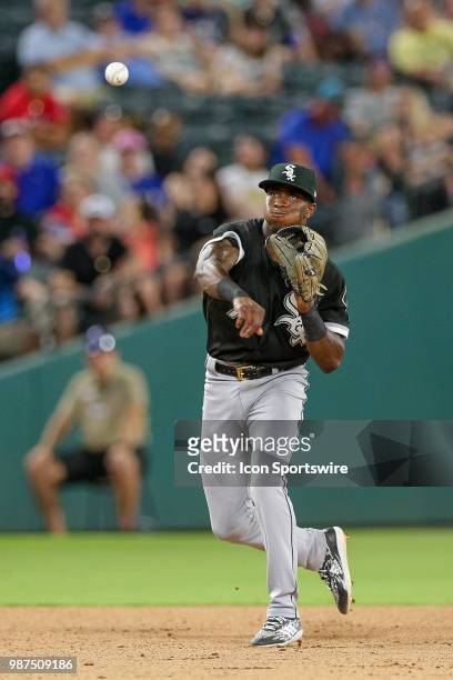 Chicago White Sox Shortstop Tim Anderson throws to first base during the game between the Chicago White Sox and Texas Rangers on June 29, 2018 at...