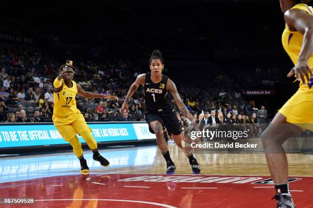 Tamera Young of the Las Vegas Aces handles the ball against the Chicago Sky on June 29, 2018 at the Mandalay Bay Events Center in Las Vegas, Nevada....