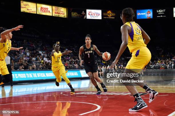 Tamera Young of the Las Vegas Aces handles the ball against the Chicago Sky on June 29, 2018 at the Mandalay Bay Events Center in Las Vegas, Nevada....