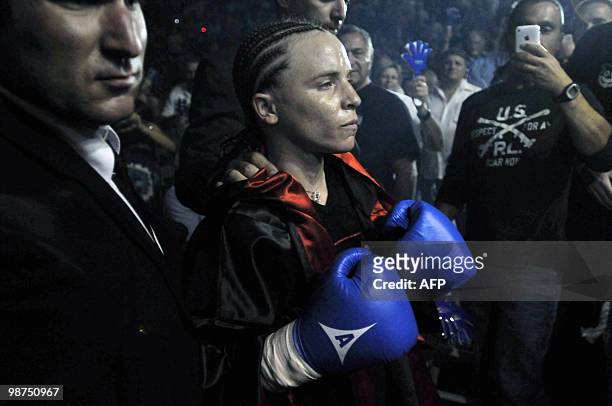 Israeli boxer Hagar Shmoulefeld Finer arrives in the arena in Tel-Aviv before competing against Agnese Boza from Latvia during the Women's...