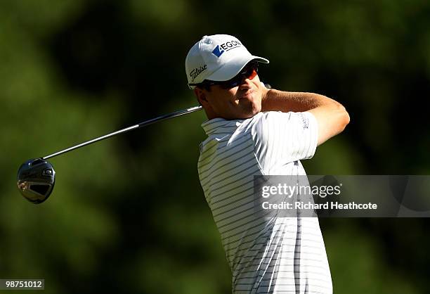 Zach Johnson hits a tee shot during the first round of the Quail Hollow Championship at Quail Hollow Country Club on April 29, 2010 in Charlotte,...