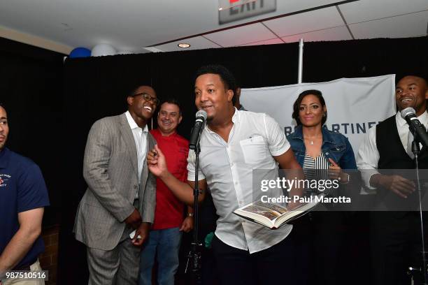 Pedro Martinez speaks at the Pedro Martinez Charity Feast With 45 at Fenway Park on June 29, 2018 in Boston, Massachusetts.