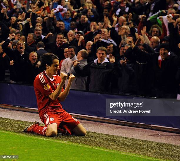 Yossi Benayoun of Liverpool celebrates after scoring the second goal during the UEFA Europa League Semi-Finals Second Leg match between Liverpool FC...