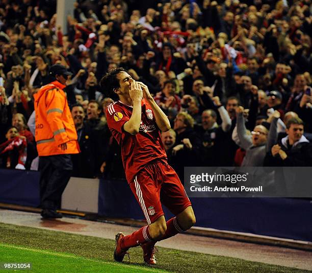 Yossi Benayoun of Liverpool celebrates after scoring the second goal during the UEFA Europa League Semi-Finals Second Leg match between Liverpool FC...