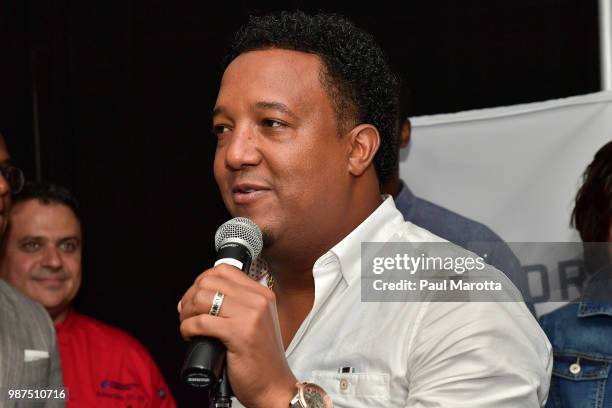 Pedro Martinez speaks at the Pedro Martinez Charity Feast With 45 at Fenway Park on June 29, 2018 in Boston, Massachusetts.