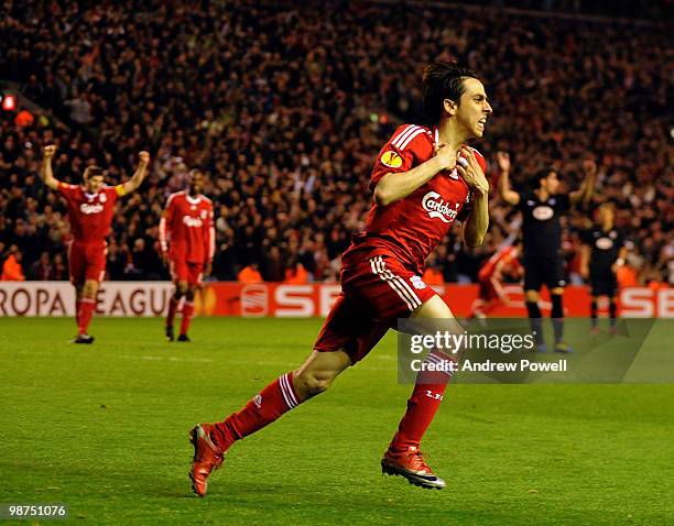 Yossi Benayoun of Liverpool celebrates after scoring the second goal during the UEFA Europa League Semi-Finals Second Leg match between Liverpool FC...