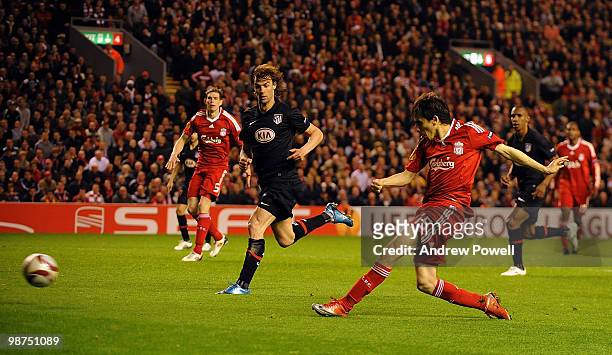 Yossi Benayoun of Liverpool scores the second goal during the UEFA Europa League Semi-Finals Second Leg match between Liverpool FC and Atletico...