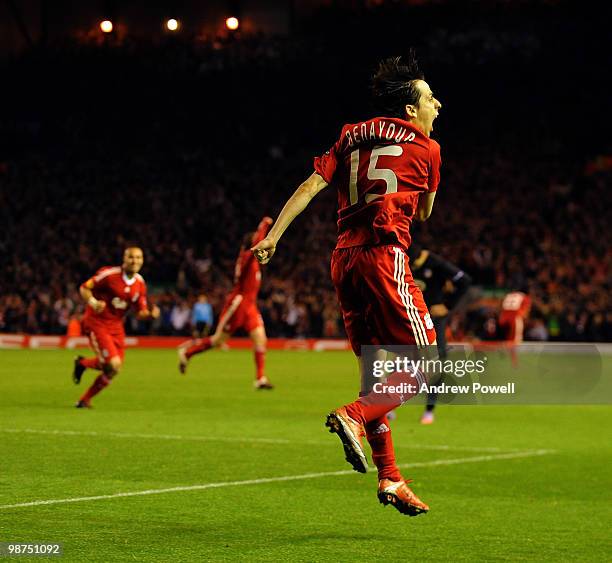 Yossi Benayoun of Liverpool celebrates after scoring the second goal during the UEFA Europa League Semi-Finals Second Leg match between Liverpool FC...