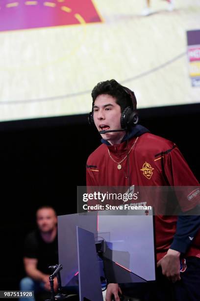 Hood of Cavs Legion Gaming Club reacts during game against Heat Check Gaming on June 23, 2018 at the NBA 2K League Studio Powered by Intel in Long...