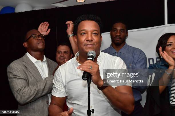 Pedro Martinez speaks at the Pedro Martinez Charity Feast With 45 at Fenway Park on June 29, 2018 in Boston, Massachusetts.