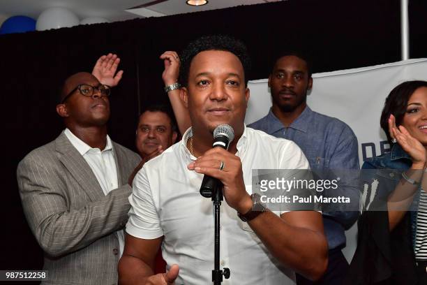 Pedro Martinez speaks at the Pedro Martinez Charity Feast With 45 at Fenway Park on June 29, 2018 in Boston, Massachusetts.