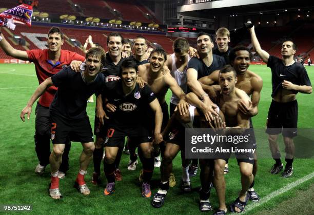 The Atletico Madrid players celebrate at the end of the UEFA Europa League Semi-Final Second Leg match between Liverpool and Atletico Madrid at...