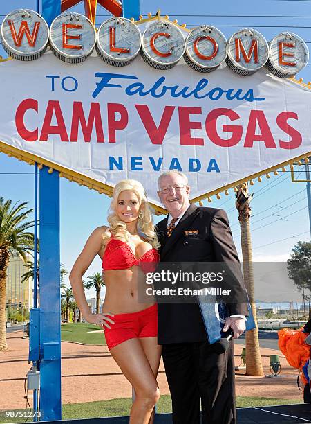 Model and television personality Holly Madison and Las Vegas Mayor Oscar Goodman appear at the "Welcome to Fabulous Las Vegas" sign during the launch...