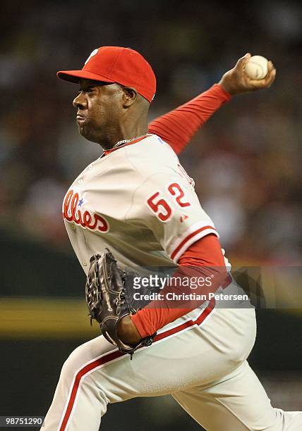 Relief pitcher Jose Contreras of the Philadelphia Phillies pitches against the Arizona Diamondbacks in the Major League Baseball game at Chase Field...
