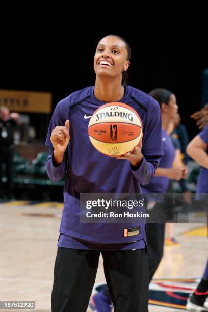 DeWanna Bonner of the Phoenix Mercury reacts before the game against the Indiana Fever on June 29, 2018 at Bankers Life Fieldhouse in Indianapolis,...