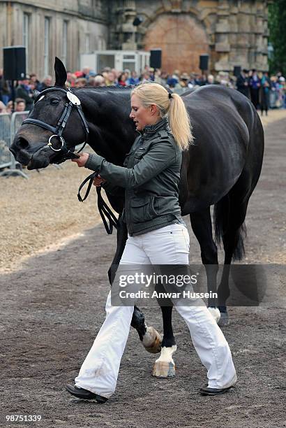 Zara Phillips takes her horse Glenbuck through the first horse inspection at Badminton Horse Trials on April 29, 2010 in Badminton, England