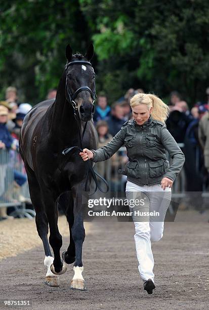 Zara Phillips takes her horse Glenbuck through the first horse inspection at Badminton Horse Trials on April 29, 2010 in Badminton, England