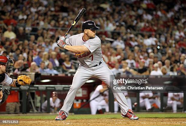 Matt Holliday of the St. Louis Cardinals bats against the Arizona Diamondbacks during the Major League Baseball game at Chase Field on April 19, 2010...