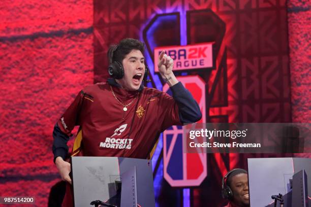 Hood of Cavs Legion Gaming Club reacts during game against Heat Check Gaming on June 23, 2018 at the NBA 2K League Studio Powered by Intel in Long...