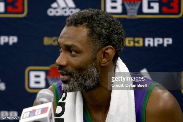 Salim Stoudamire of 3 Headed Monsters speaks to the media during week two of the BIG3 three-on-three basketball league at the United Center on June...