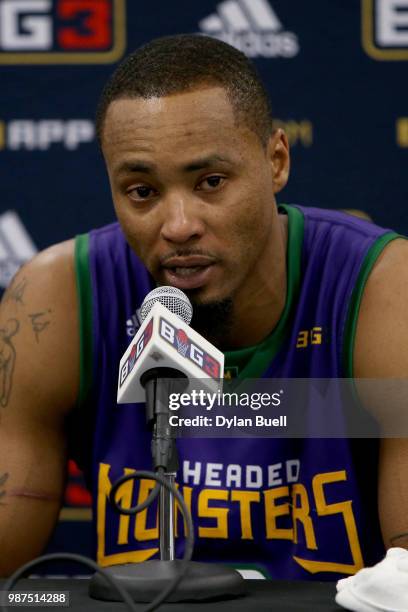 Rashard Lewis of 3 Headed Monsters speaks to the media during week two of the BIG3 three-on-three basketball league at the United Center on June 29,...