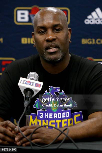 Head coach Gary Payton of 3 Headed Monsters speaks to the media during week two of the BIG3 three-on-three basketball league at the United Center on...