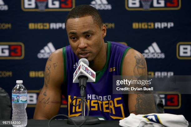 Rashard Lewis of 3 Headed Monsters speaks to the media during week two of the BIG3 three-on-three basketball league at the United Center on June 29,...