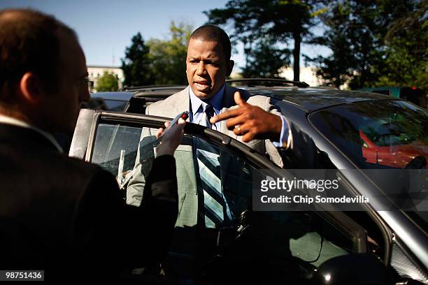 Florida Democratic Senate candidate Rep. Kendrick Meek talks with a reporter before hedaing back to the U.S. Capitol to cast a vote in the House of...