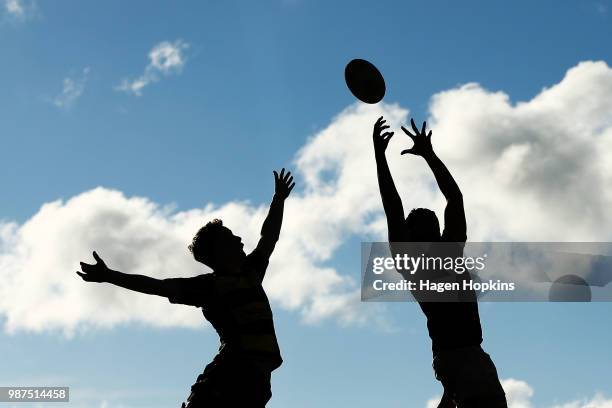Players contest a lineout during the schoolboys 2018 Wellington 1st XV Premiership rugby match between Wellington College and Wairarapa College at...