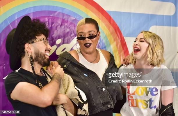 Curly Velasquez, Jazzmyne Robbins, and Kelsey Darragh arrive at "Live Telethon" with three-hour variety show "Pride Live" on GLAAD YouTube at YouTube...