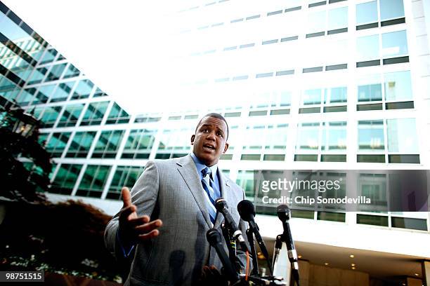 Florida Democratic Senate candidate Rep. Kendrick Meek holds a news conference on Capitol Hill April 29, 2010 in Washington, DC. Meek delivered...