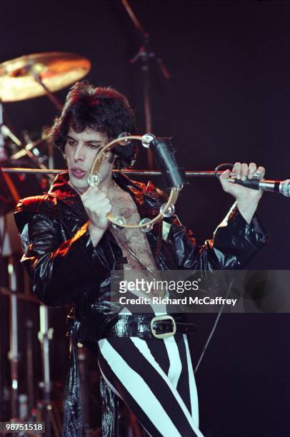 Freddie Mercury of Queen performs live at The Oakland Coliseum in 1977 in Oakland, California.