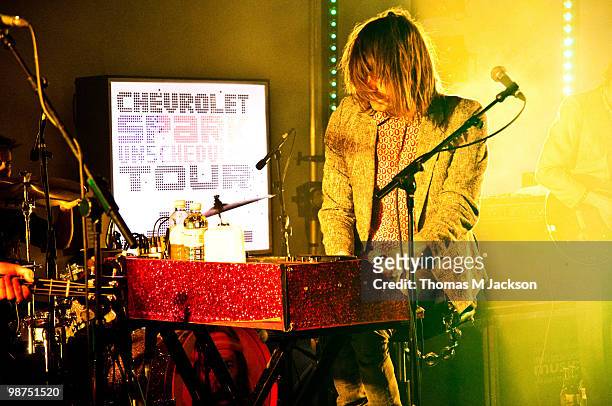 Blaine Harrison of Mystery Jets performs a secret gig in Dean Street Car Park on April 29, 2010 in Newcastle upon Tyne, England.