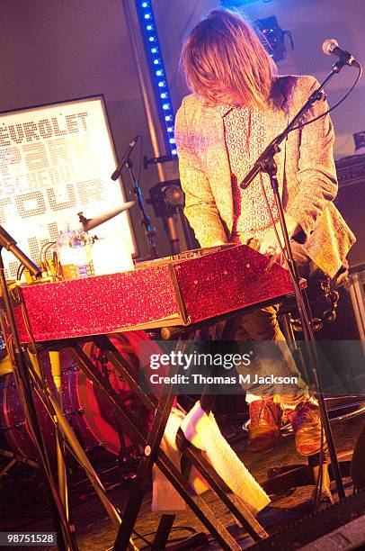 Blaine Harrison of Mystery Jets performs a secret gig in Dean Street Car Park on April 29, 2010 in Newcastle upon Tyne, England.