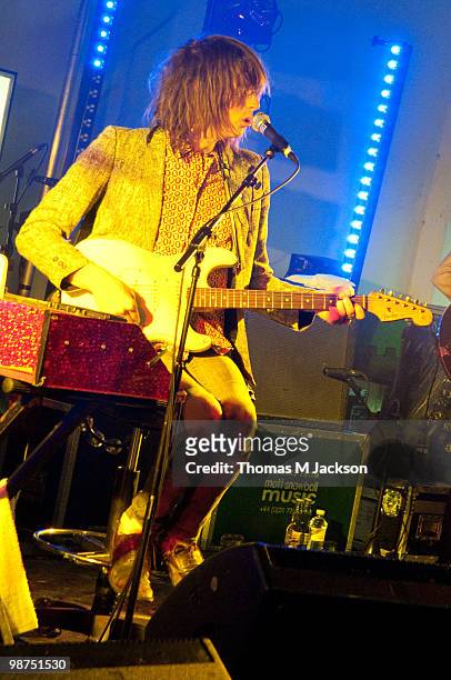 Blaine Harrison of Mystery Jets performs a secret gig in Dean Street Car Park on April 29, 2010 in Newcastle upon Tyne, England.