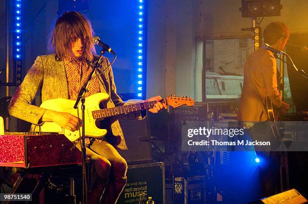 Blaine Harrison of Mystery Jets performs a secret gig in Dean Street Car Park on April 29, 2010 in Newcastle upon Tyne, England.