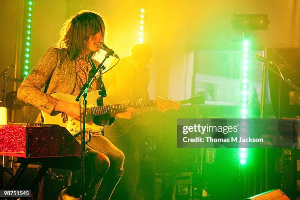 Blaine Harrison of Mystery Jets performs a secret gig in Dean Street Car Park on April 29, 2010 in Newcastle upon Tyne, England.