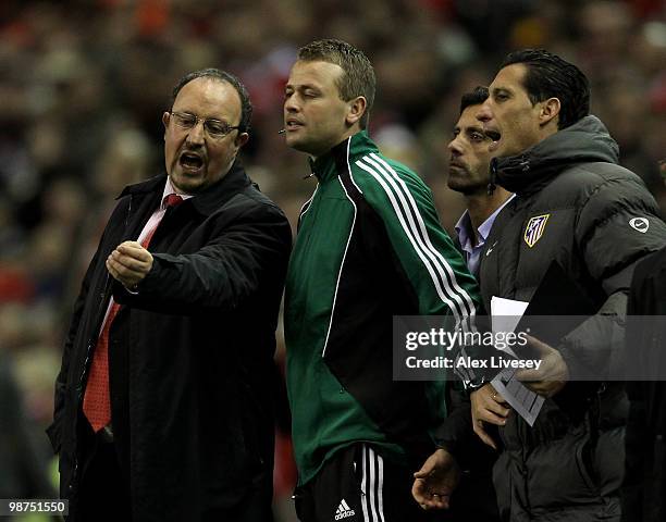 Liverpool Manager Rafael Benitez protests during the UEFA Europa League Semi-Final Second Leg match between Liverpool and Atletico Madrid at Anfield...