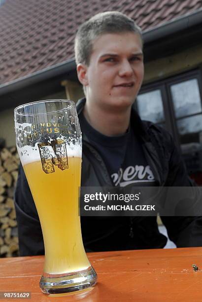 Adam Matuska master brewer of Matuska mini brewery, answers to a journalist' questions in front of his country house in Broumy, on March 31, 2010....