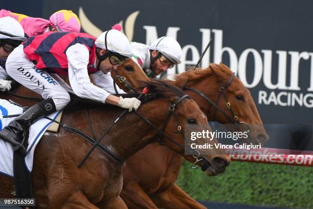 Dwayne Dunn riding Zarpoya winning Race 4 during Melbourne racing at Caulfield Racecourse on June 30, 2018 in Melbourne, Australia.