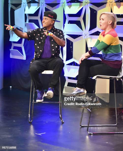 Lo and Hannah Hart on stage at "Live Telethon" with three-hour variety show "Pride Live" on GLAAD YouTube at YouTube Space LA on June 29, 2018 in Los...