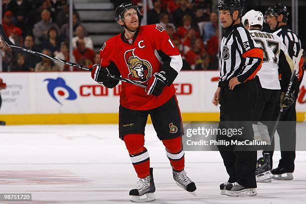 Daniel Alfredsson of the Ottawa Senators looks on against the Pittsburgh Penguins in Game 6 of the Eastern Conference Quaterfinals during the 2010...