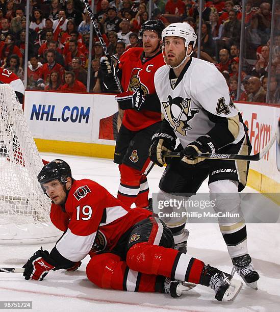 Brooks Orpik of the Pittsburgh Penguins watches play along with Jason Spezza and Daniel Alfredsson of the Ottawa Senators in Game 6 of the Eastern...