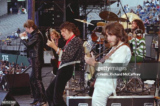 Rob Halford, K.K. Downing, Glenn Tipton, Ian Hill and Les Binks of Judas Priest perform live at The Oakland Coliseum in 1977 in Oakland, California.