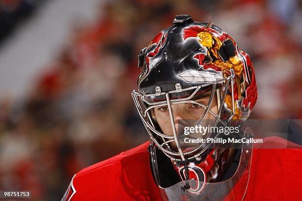 Goaltender Pascal Leclaire of the Ottawa Senators looks on against the Pittsburgh Penguins in Game 6 of the Eastern Conference Quaterfinals during...