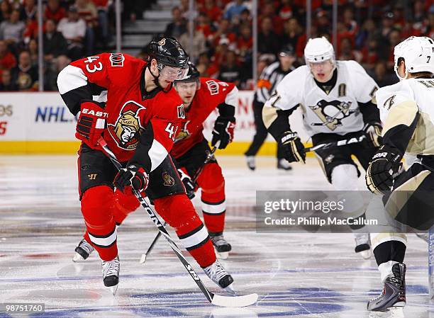 Peter Regin of the Ottawa Senators skates with the puck against the Pittsburgh Penguins in Game 6 of the Eastern Conference Quaterfinals during the...