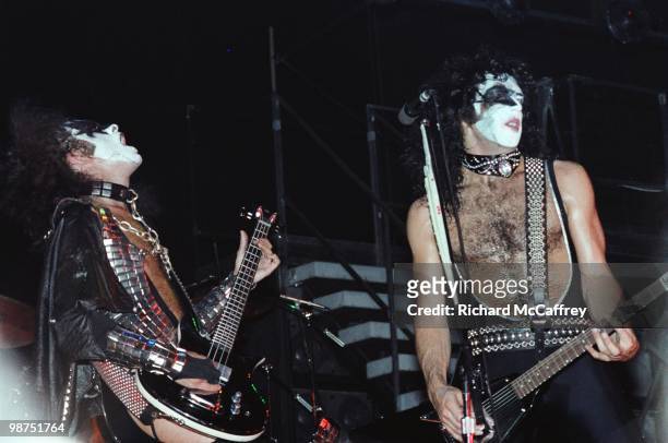 Gene Simmons and Paul Stanley of Kiss perform live at The Winterland Ballroom in 1977 in San Francisco, California.