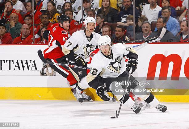 Kris Letang of the Pittsburgh Penguins skates with the puck against the Ottawa Senators in Game 6 of the Eastern Conference Quaterfinals during the...