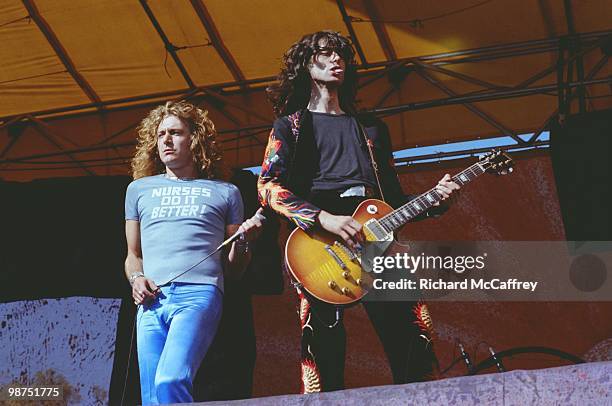 Robert Plant and Jimmy Page of Led Zeppelin performs live at The Oakland Coliseum on July 23, 1977 in Oakland, California.